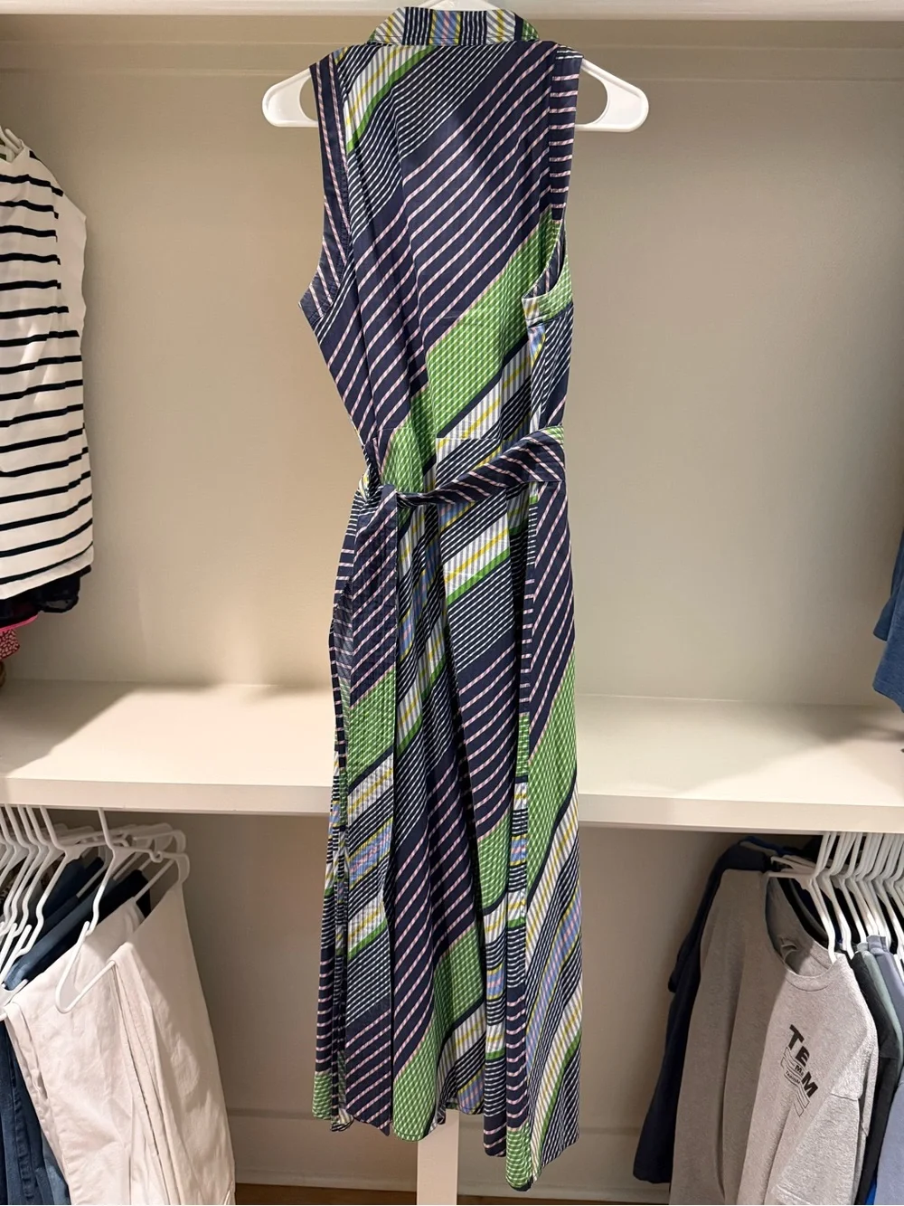 Tory Burch Sleeveless Green and Navy Stripe Wrap Dress